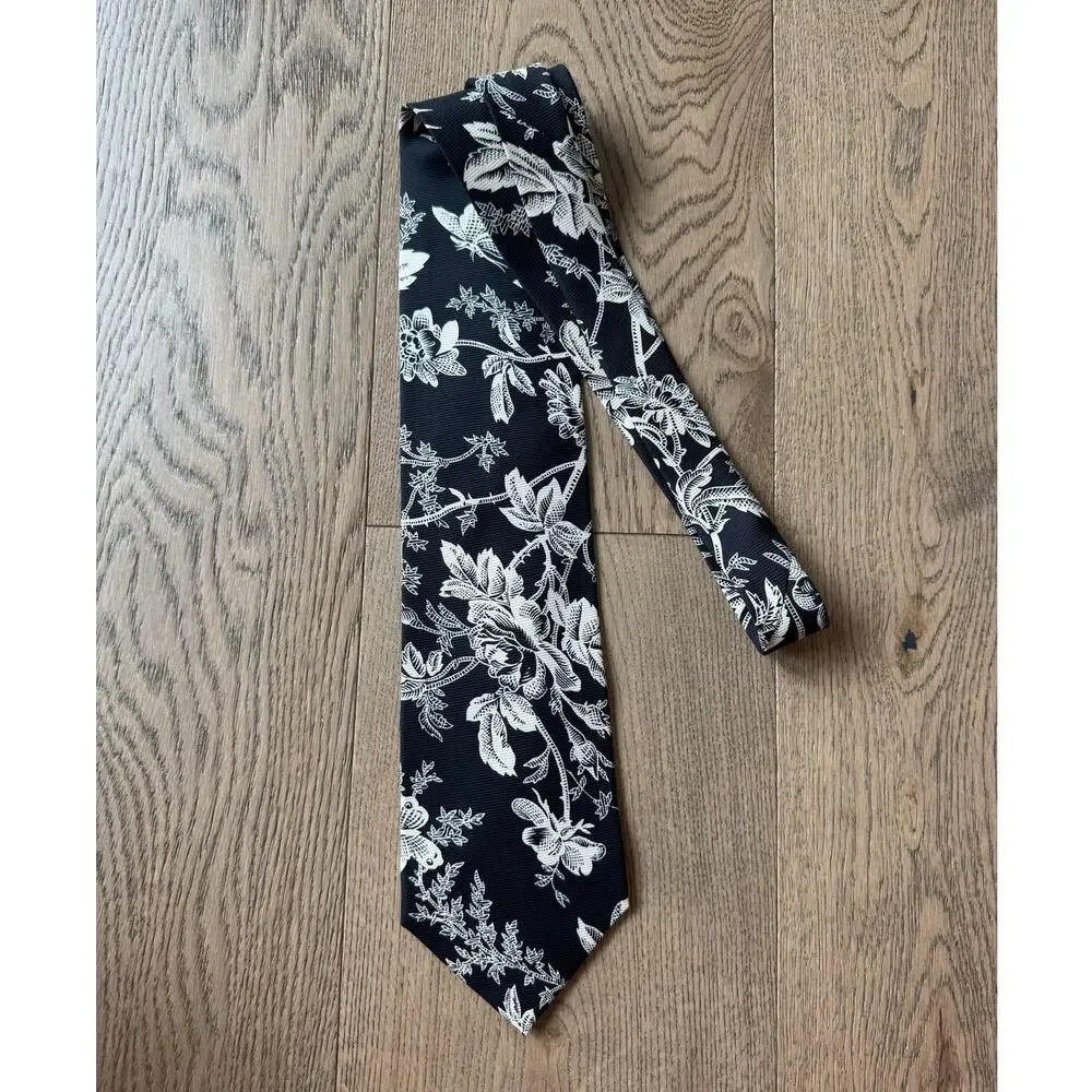 MCIV Mallory & Church Silk Butterfly Floral Tie Black White Men's Necktie